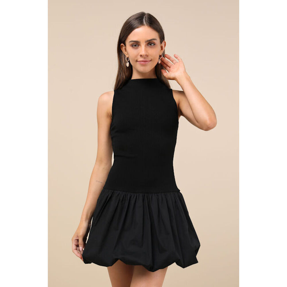 Lulus Ensured Elevation Black Ribbed Mock Neck Bubble-hem Mini Dress - Size S
